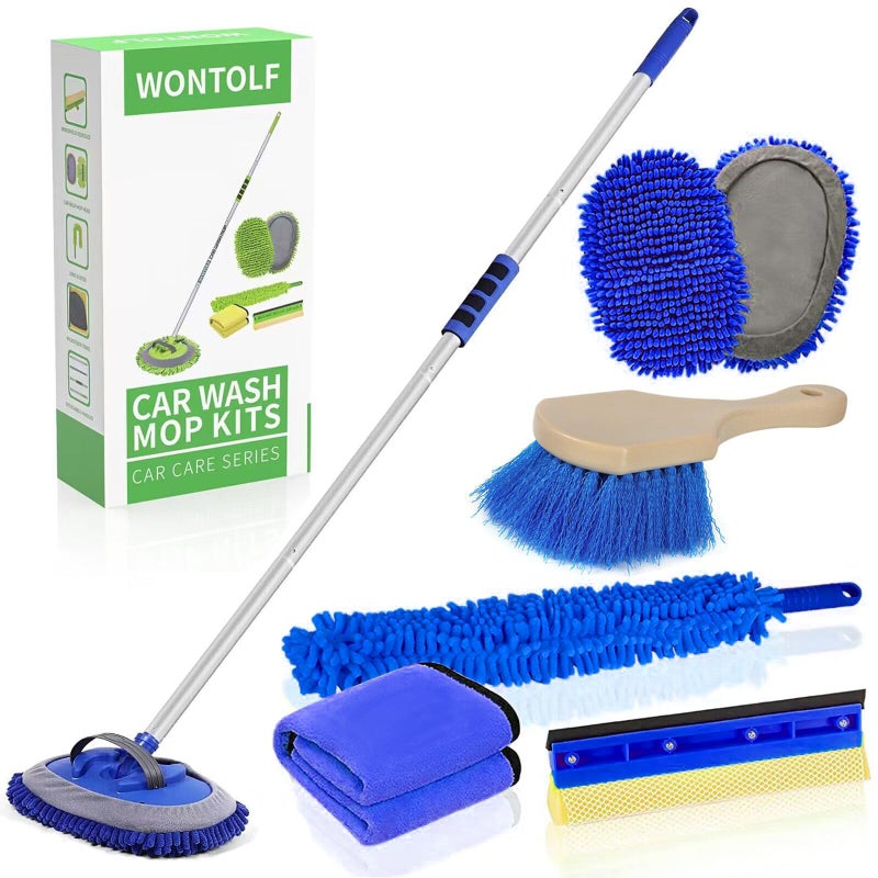 Wontolf 62'' Car Wash Brush With Long Handle - Chenille Microfiber Mop Mitt, Cleaning Kit, Windshield Window Squeegee, Duster, Microfiber Towels, Wheel Tire Brush for Cars, RV, Truck, Boat - Image 1