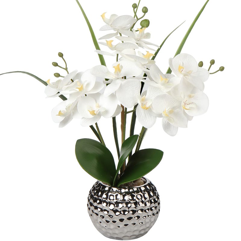 Briful Orchids Artificial Flowers 20 White Faux Orchid with Silver Vase Fake Phalaenopsis Flowers for Home Table Living Room Office Kitchen Decor