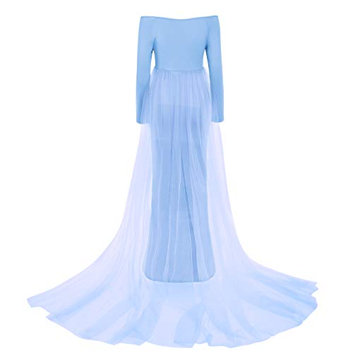 IWEMEK Women's Ruched V Neck Long Sleeve Tulle Maternity Dress Chiffon Casual Elegant Fitted Photography Gown Slim Fit Flowy Wedding Party Beach Pregnancy Maxi Dress for Baby Shower Photo Shoot Sky Blue M - Image 4