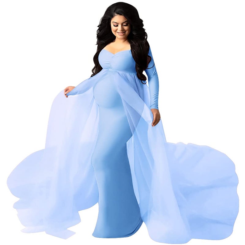 IWEMEK Women's Ruched V Neck Long Sleeve Tulle Maternity Dress Chiffon Casual Elegant Fitted Photography Gown Slim Fit Flowy Wedding Party Beach Pregnancy Maxi Dress for Baby Shower Photo Shoot Sky Blue M - Image 5