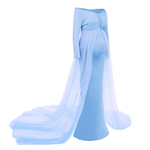 IWEMEK Women's Ruched V Neck Long Sleeve Tulle Maternity Dress Chiffon Casual Elegant Fitted Photography Gown Slim Fit Flowy Wedding Party Beach Pregnancy Maxi Dress for Baby Shower Photo Shoot Sky Blue M - Image 3