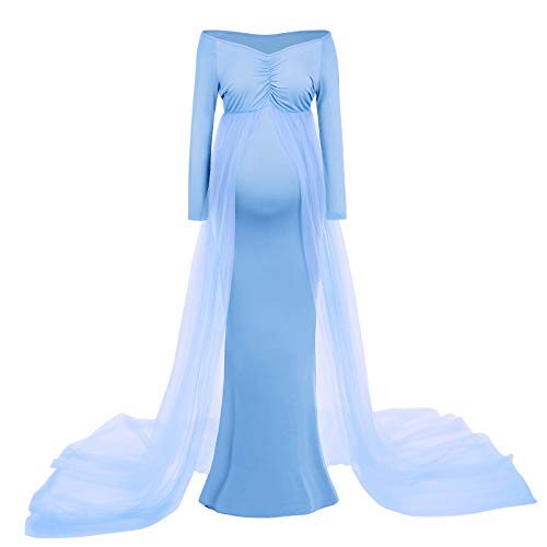 IWEMEK Women's Ruched V Neck Long Sleeve Tulle Maternity Dress Chiffon Casual Elegant Fitted Photography Gown Slim Fit Flowy Wedding Party Beach Pregnancy Maxi Dress for Baby Shower Photo Shoot Sky Blue M - Image 2