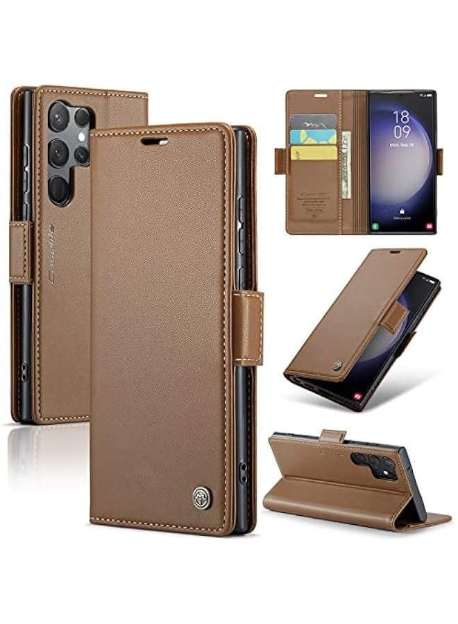 حافظة محفظة Samsung Galaxy S23 Ultra مع حجب RFID - جلد كتاب بني - Image 1