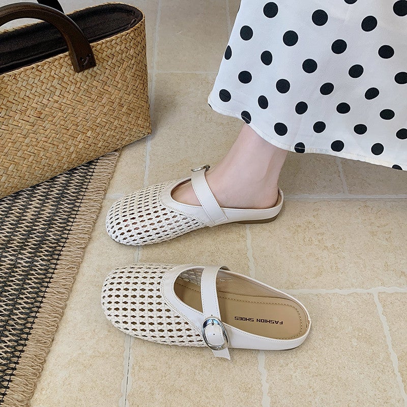 Vintage Hollow Toe Slippers for Women Summer 2026 Thick Sole Anti-Slip Breathable Mules - Image 1