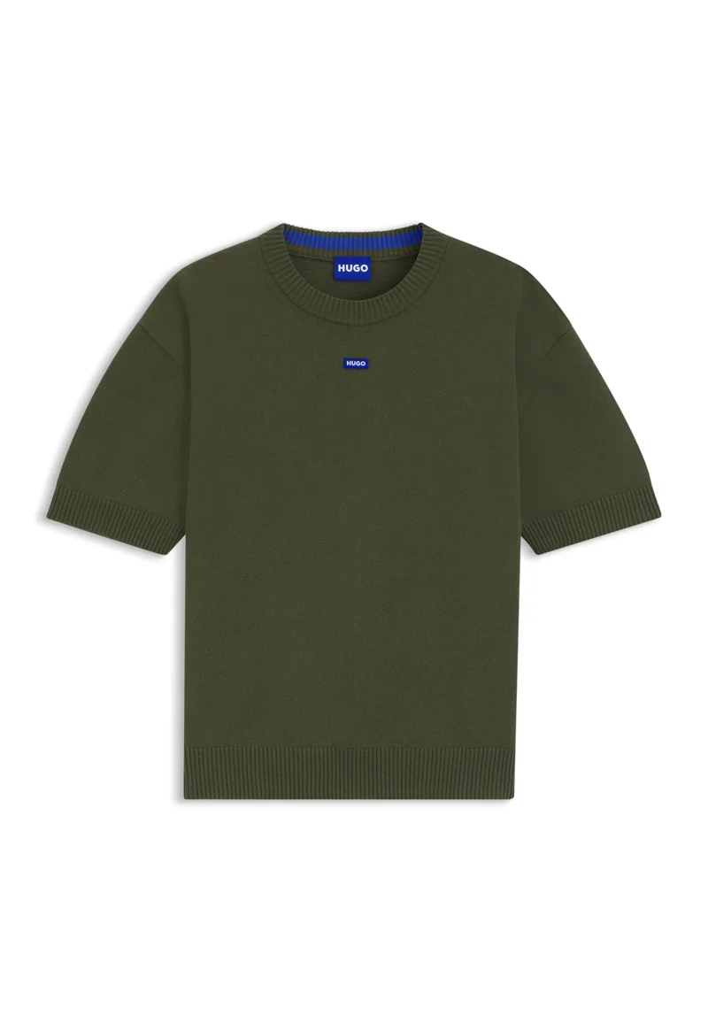 HUGO Knit sweater with short sleeves and blue logo badge