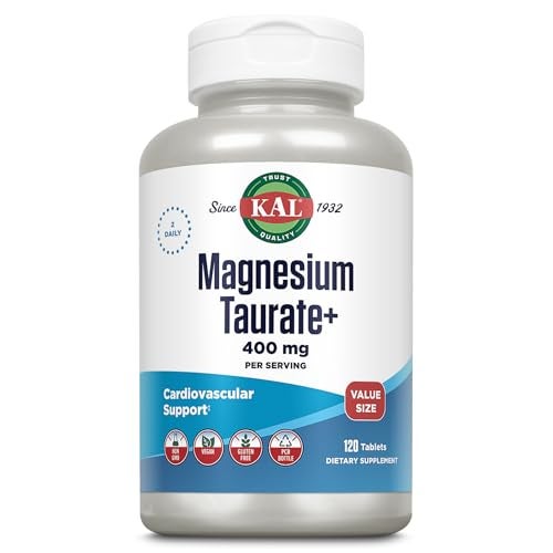 KAL Magnesium Taurate 400mg Plus Vitamin B6 Chelated Magnesium Supplement High Absorption Magnesium Complex Muscle and Heart Health Support Vegan Gluten Free 60Day Guarantee 60 Serv 120 Tabs