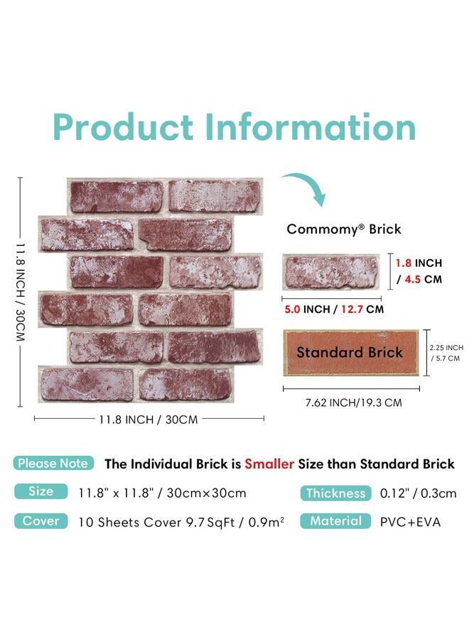 Commomy 3D Peel and Stick Brick Backsplash - 10 pcs 11.8"x11.8" Small Size PVC Printable Retro Faux Brick Wall Panels Brick Wallpaper Wall Tile for Kitchen,Bedroom,Bathroom,Living Room,Fireplace - Image 4