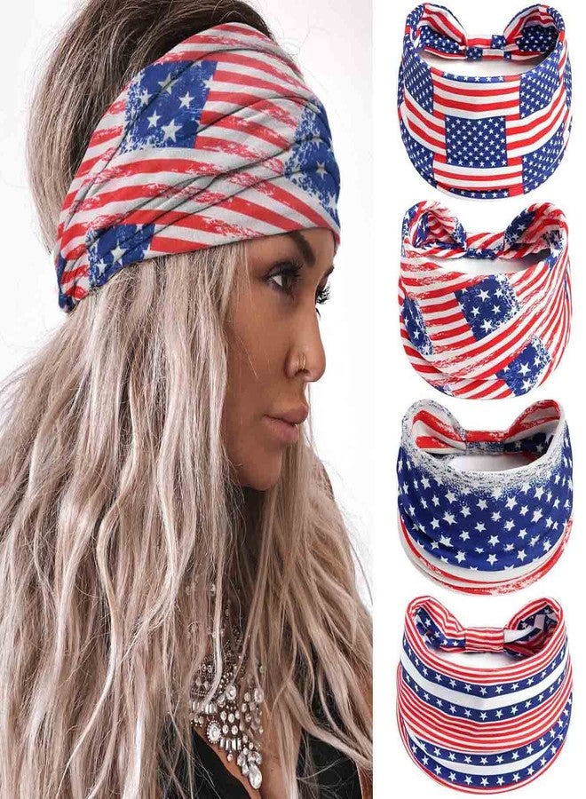 Olbye 4th of July Headbands USA Patriotic American Flag Headband Wide Knotted Turban Hairbands Red White Blue Bandana Stars Head Bands Independence Day Hair Accessories for Women 4Pcs(USA Headband B) - Image 1
