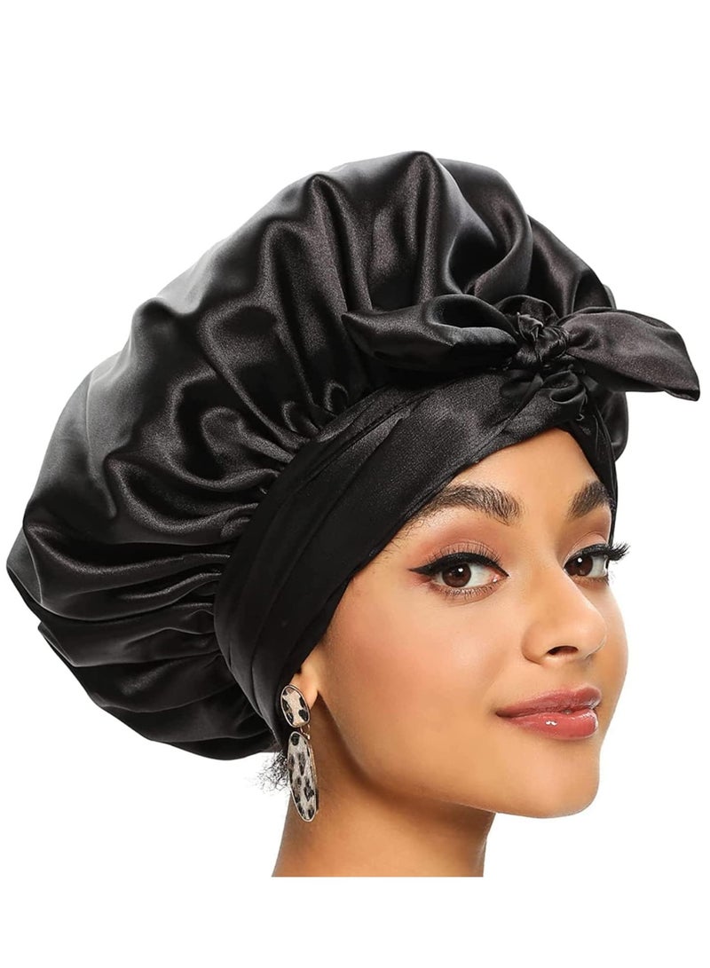 Silk Bonnet, Satin Bonnet, Elastic Silk Head Hat, Night Cap Adjustable Wide Band, Hair Bonnet Extra Large Bonnet Outer Layer, Comfortable Wear, Reduce Hair Loss, for Sleeping, Black - Image 1