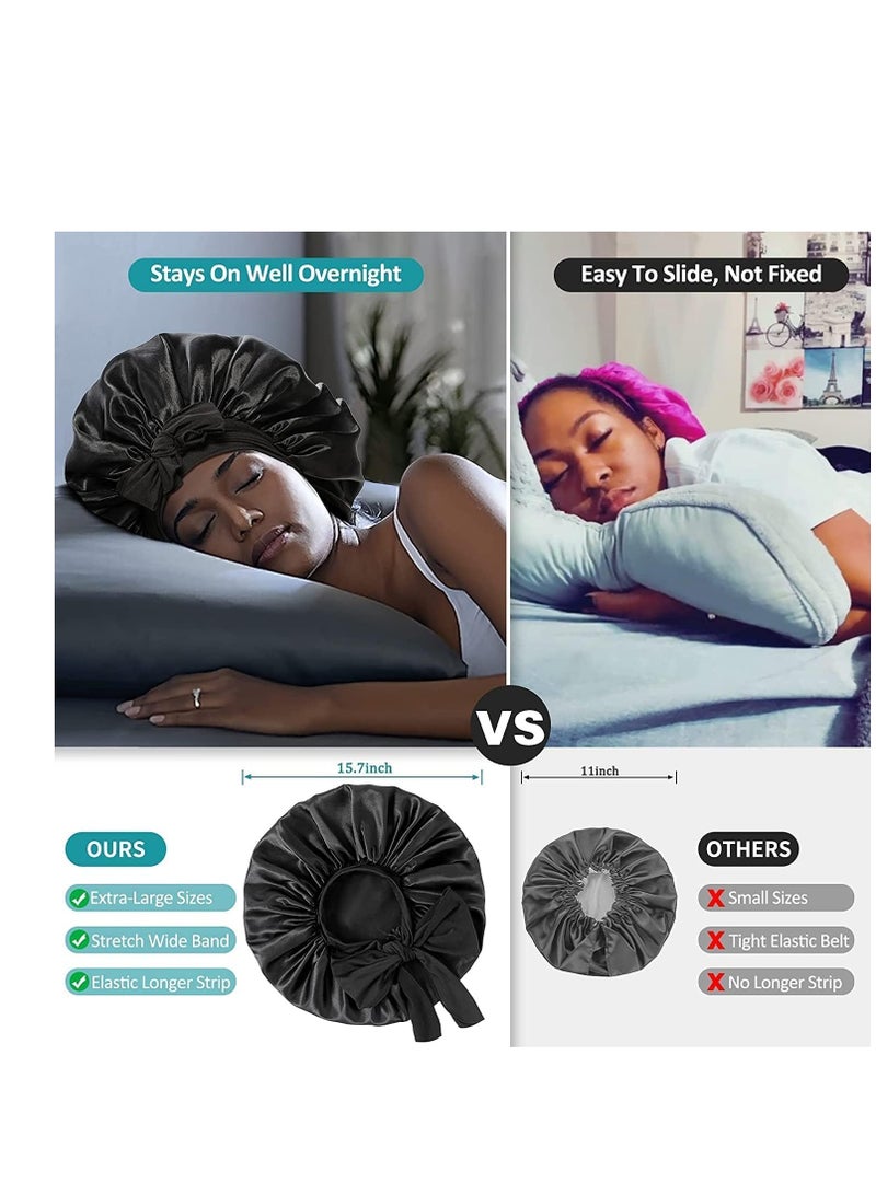 Silk Bonnet, Satin Bonnet, Elastic Silk Head Hat, Night Cap Adjustable Wide Band, Hair Bonnet Extra Large Bonnet Outer Layer, Comfortable Wear, Reduce Hair Loss, for Sleeping, Black - Image 2