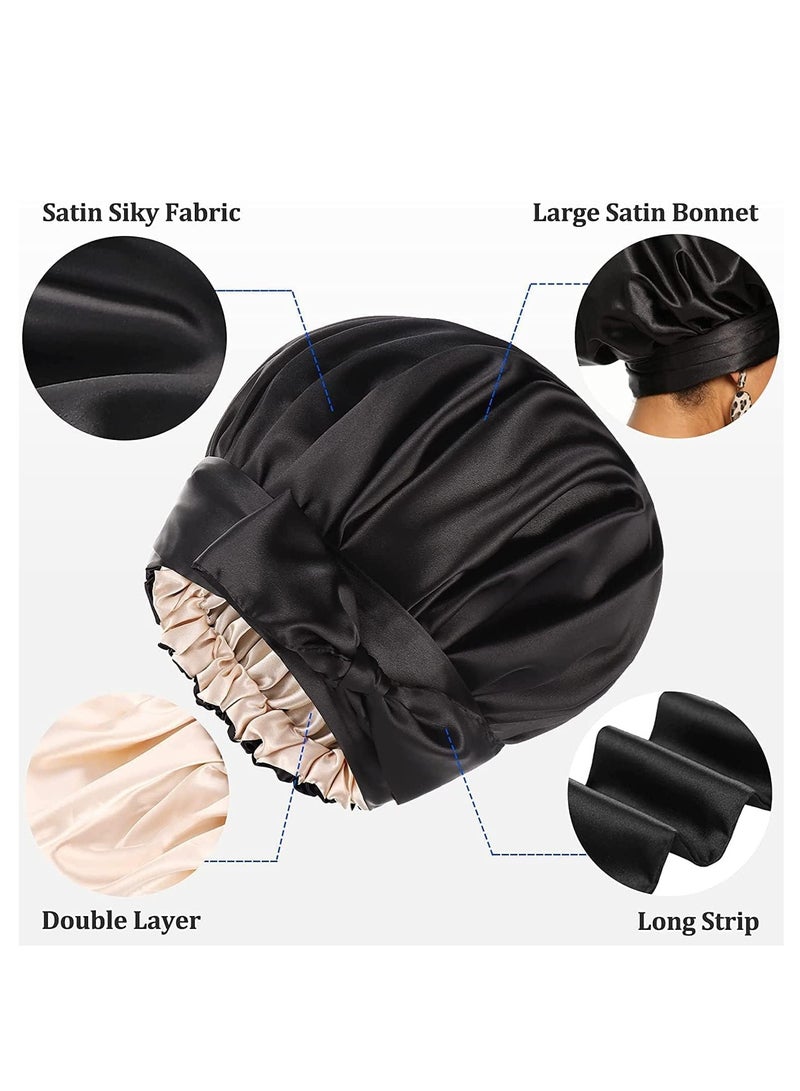 Silk Bonnet, Satin Bonnet, Elastic Silk Head Hat, Night Cap Adjustable Wide Band, Hair Bonnet Extra Large Bonnet Outer Layer, Comfortable Wear, Reduce Hair Loss, for Sleeping, Black - Image 4
