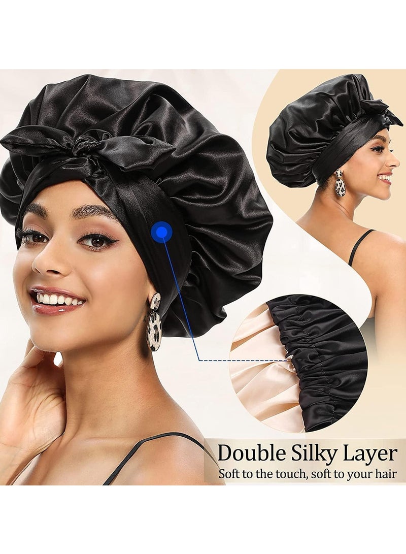 Silk Bonnet, Satin Bonnet, Elastic Silk Head Hat, Night Cap Adjustable Wide Band, Hair Bonnet Extra Large Bonnet Outer Layer, Comfortable Wear, Reduce Hair Loss, for Sleeping, Black - Image 5