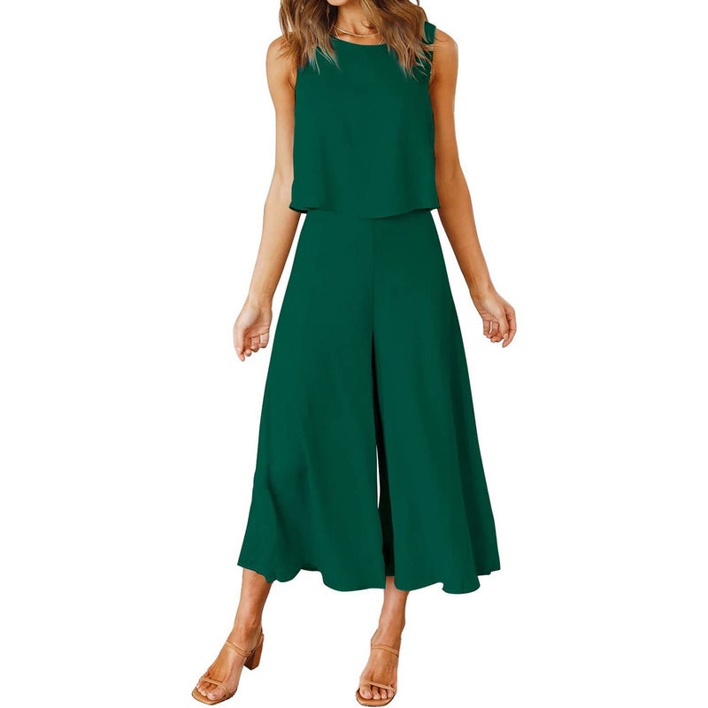 2023 European and American new TEMU womens summer 2-piece clothing round neck top short solid color wide leg pants set Dark green