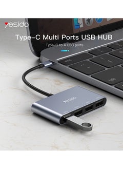Yesido Yesido HB13 Hot Aluminum Alloy USB C Type-C Plug to 4 USB Ports For Laptop USB Hub - Grey  - Image 3