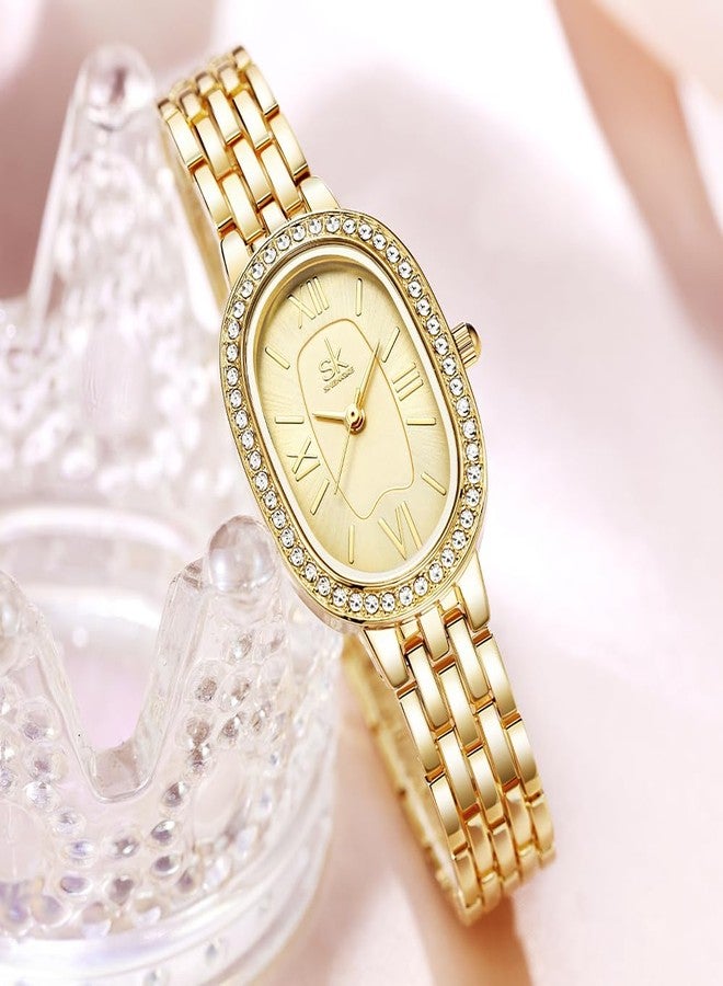 SHENGKE SK Women’s Oval-Shaped Crystal-Accented Solid Alloy Steel Bracelet Watch, Gold, bracelet - Image 3