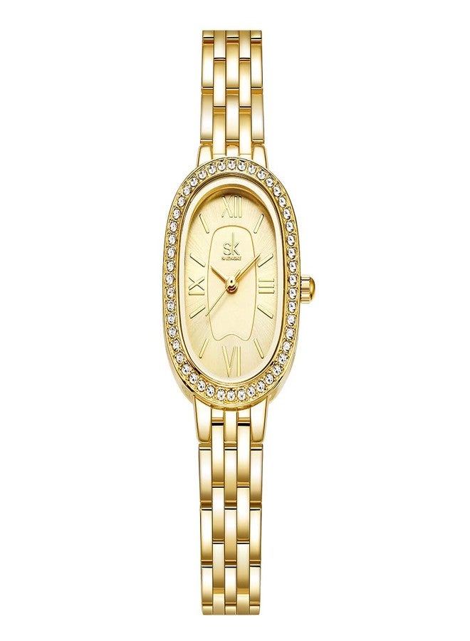 SHENGKE SK Women’s Oval-Shaped Crystal-Accented Solid Alloy Steel Bracelet Watch, Gold, bracelet - Image 1