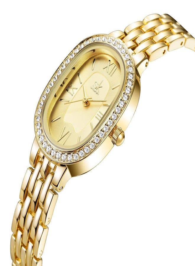 SHENGKE SK Women’s Oval-Shaped Crystal-Accented Solid Alloy Steel Bracelet Watch, Gold, bracelet - Image 4