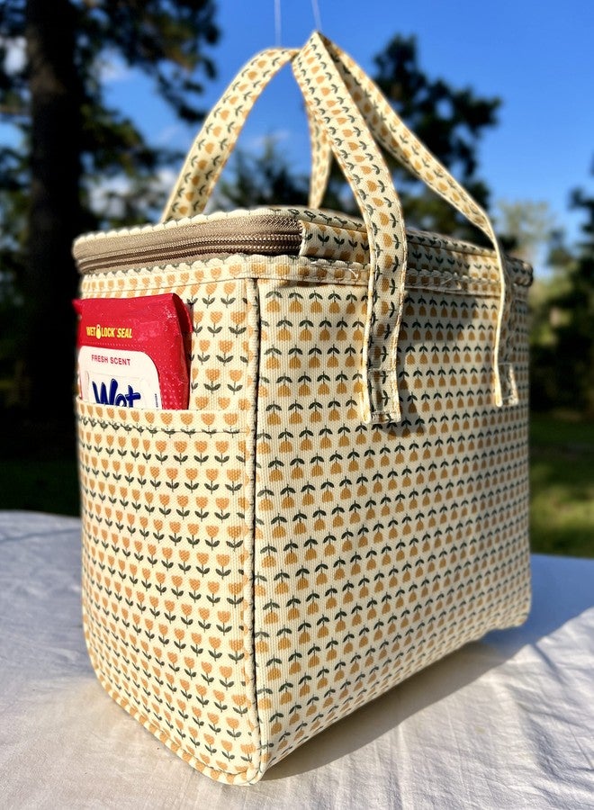 Kwang Min Floral Insulated Lunch Bag for Women,Reusable Lunch Box,Large Floral Cooler for Office,Picnic Outdoors,Beach,Premium Waterproof Fabric,Ideal Floral Lunch Bag (Daisy Yellow) - Image 3