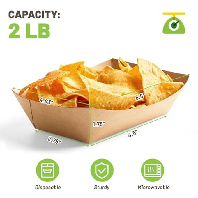 ZORRITA 2 Lb Paper Food Trays 100 Pack Disposable Nacho Trays Brown Food Boats Take Out Basket Holders for Serving Party Snacks Hot Dogs Tacos Fries - Image 5