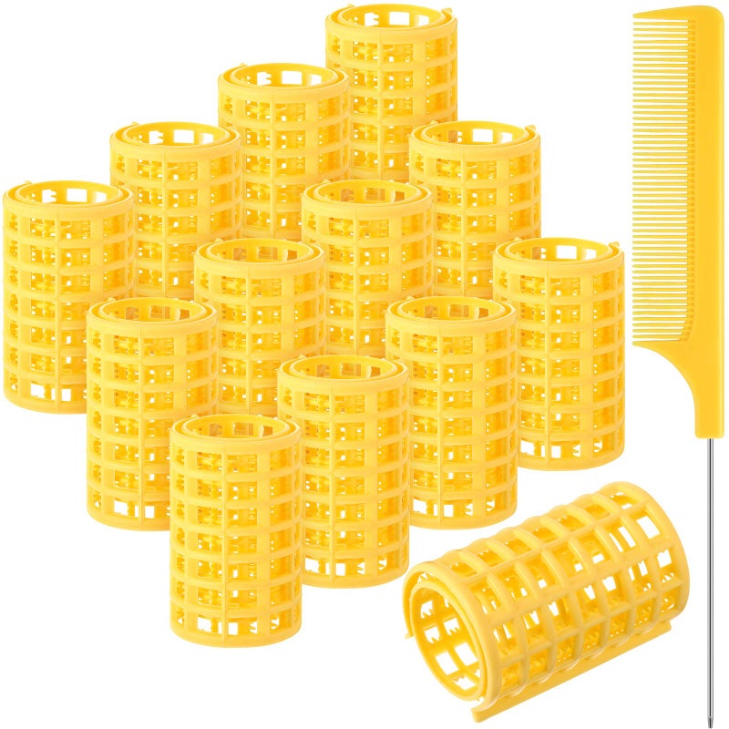 سيوهود 12 قطعة رولر شعر بلاستيكي كبير الحجم مع مشط ذيل الجرذ لأدوات تصفيف الشعر 68 × 36 سم أصفر
