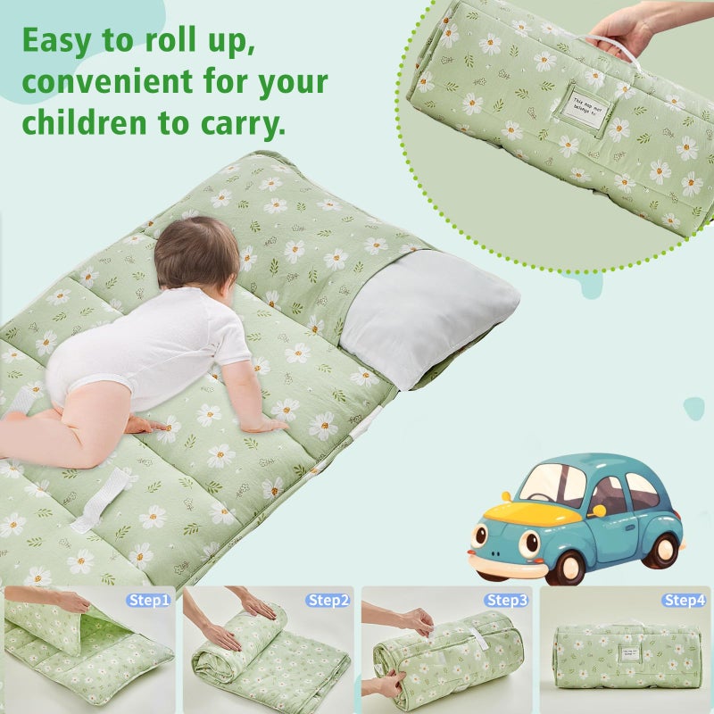 DuShow ï»¿Toddler Nap Mat with Pillow and Blanket,Soft Slumber Bags for Girls,Kids Sleeping Bags with Roll Up Design,Green Floral Nap Mats for Preschool,Daycare,Kindergarten,Fits Ages 3-6 Years Old-Green - Image 3