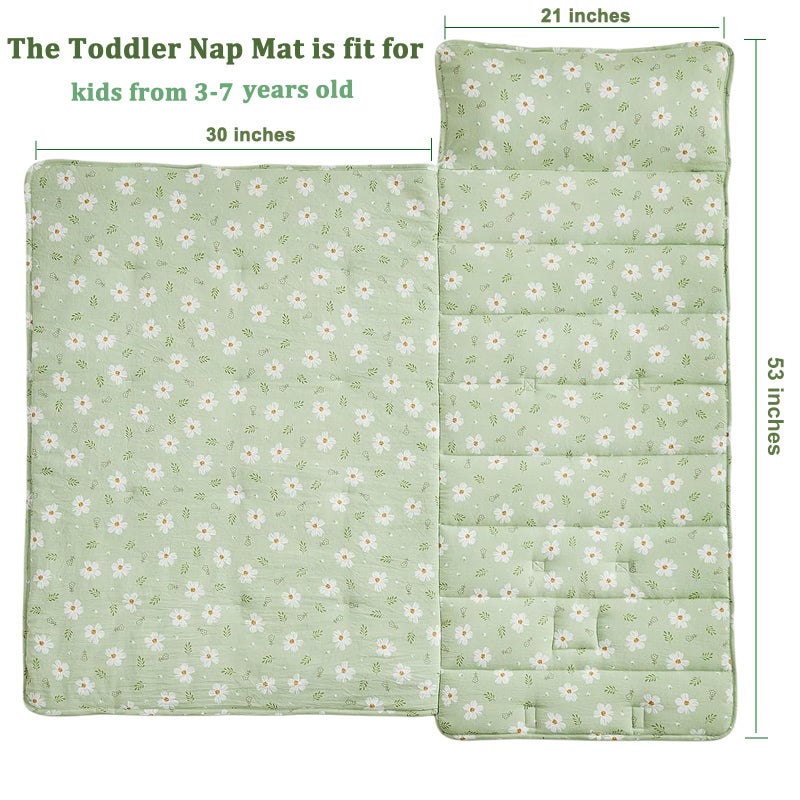 DuShow ï»¿Toddler Nap Mat with Pillow and Blanket,Soft Slumber Bags for Girls,Kids Sleeping Bags with Roll Up Design,Green Floral Nap Mats for Preschool,Daycare,Kindergarten,Fits Ages 3-6 Years Old-Green - Image 2