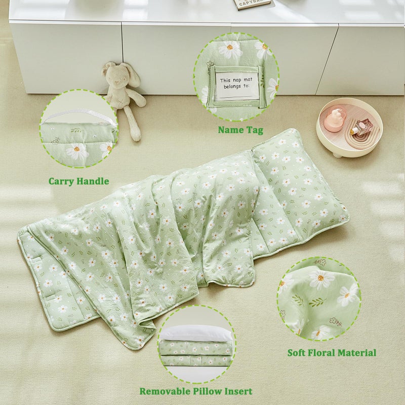 DuShow ï»¿Toddler Nap Mat with Pillow and Blanket,Soft Slumber Bags for Girls,Kids Sleeping Bags with Roll Up Design,Green Floral Nap Mats for Preschool,Daycare,Kindergarten,Fits Ages 3-6 Years Old-Green - Image 5