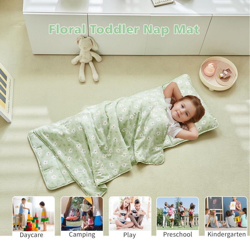 DuShow ï»¿Toddler Nap Mat with Pillow and Blanket,Soft Slumber Bags for Girls,Kids Sleeping Bags with Roll Up Design,Green Floral Nap Mats for Preschool,Daycare,Kindergarten,Fits Ages 3-6 Years Old-Green - Image 4
