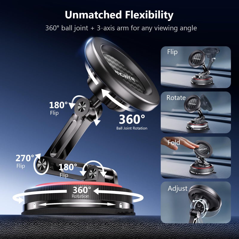 SYNCWIRE for MagSafe Car Mount [3-Axis] Nano Adhesive Gel + Strong Suction Cup Magnetic Phone Holder for Dashboard & Windshield, 360Â° Adjustable for iPhone 17 16 15 14 13 12, Samsung, Carbon Fiber - Image 5