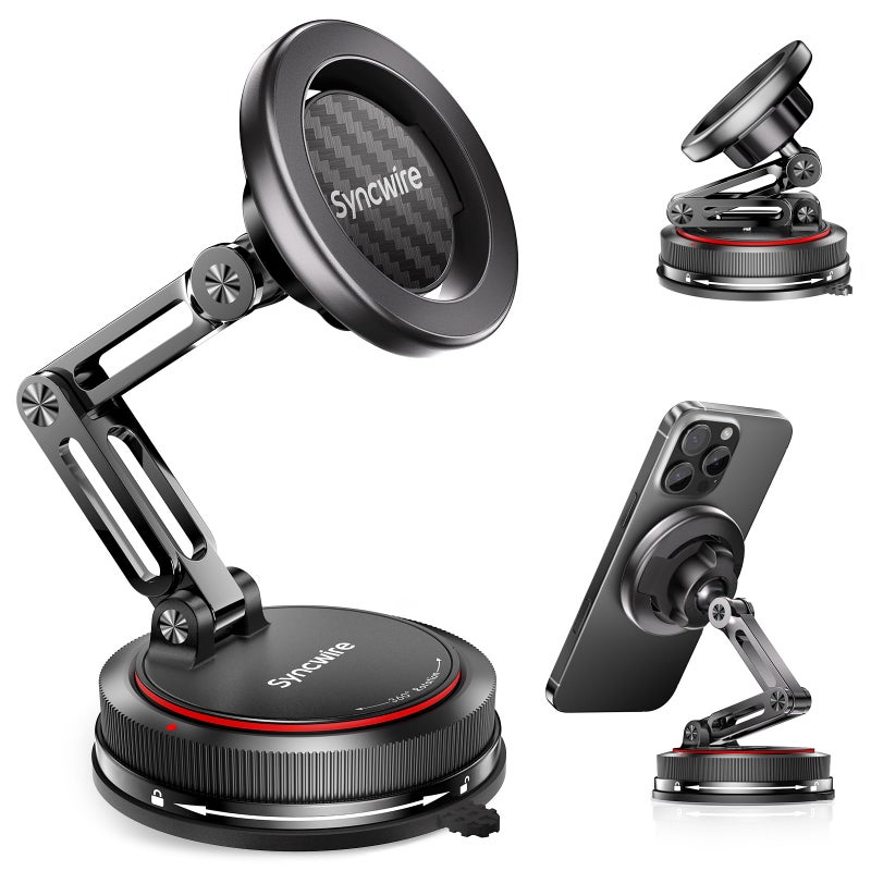 SYNCWIRE for MagSafe Car Mount [3-Axis] Nano Adhesive Gel + Strong Suction Cup Magnetic Phone Holder for Dashboard & Windshield, 360Â° Adjustable for iPhone 17 16 15 14 13 12, Samsung, Carbon Fiber - Image 1