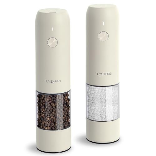 TLYSXPRO Electric Salt and Pepper Grinder Set, USB Rechargeable, Automatic Salt and Pepper Mill Grinder with Adjustable Coarseness, Electric Salt Shakers, LED Light, Refillable (2 Packs, Buttercream) - Image 1