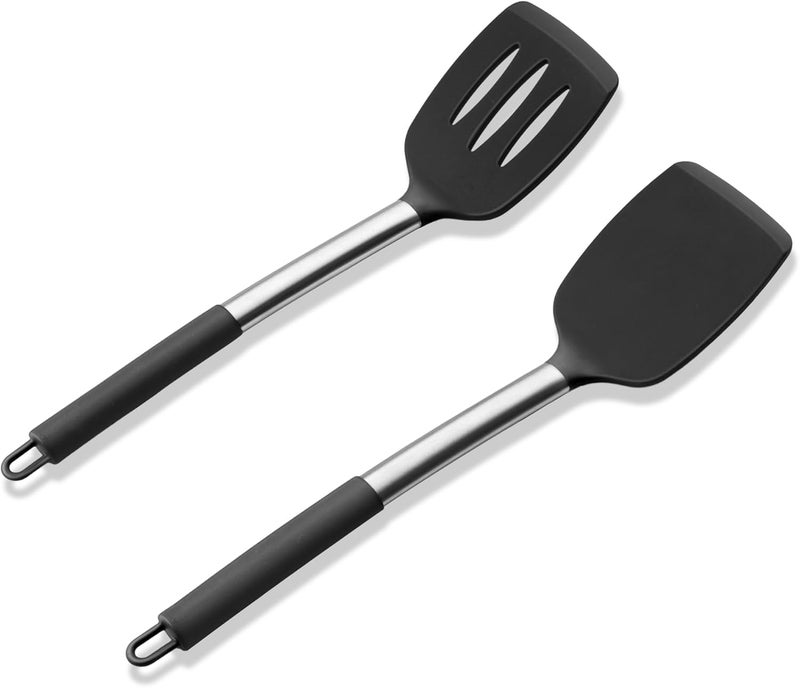 E-far Silicone Spatula Set of 2, Solid & Slotted Turner for Nonstick Cookware, Heat Resistant Rubber Kitchen Cooking Utensils for Flipping Fish Pancake Egg - Black - Image 1