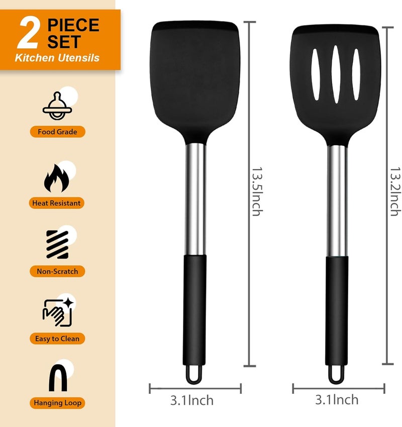 E-far Silicone Spatula Set of 2, Solid & Slotted Turner for Nonstick Cookware, Heat Resistant Rubber Kitchen Cooking Utensils for Flipping Fish Pancake Egg - Black - Image 2