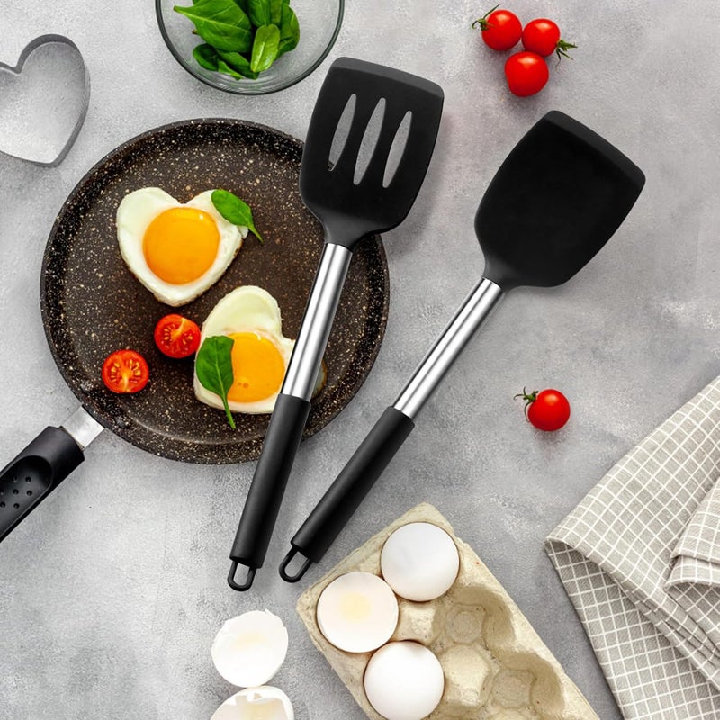 E-far Silicone Spatula Set of 2, Solid & Slotted Turner for Nonstick Cookware, Heat Resistant Rubber Kitchen Cooking Utensils for Flipping Fish Pancake Egg - Black - Image 5