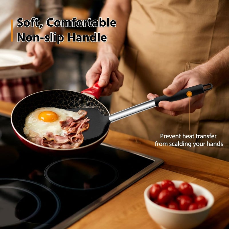 E-far Silicone Spatula Set of 2, Solid & Slotted Turner for Nonstick Cookware, Heat Resistant Rubber Kitchen Cooking Utensils for Flipping Fish Pancake Egg - Black - Image 4