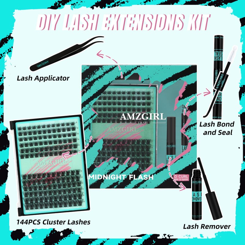 AMZGIRL LASH Midnight DIY Lash Extension Kit, 144 pcs Eyelash Clusters Kit Lash Bond and Seal, Lash Glue Remover and Applicator for Individual False Eyelashes Kit Lash Extensions(D-Mix 8-16mm Kit) - Image 2