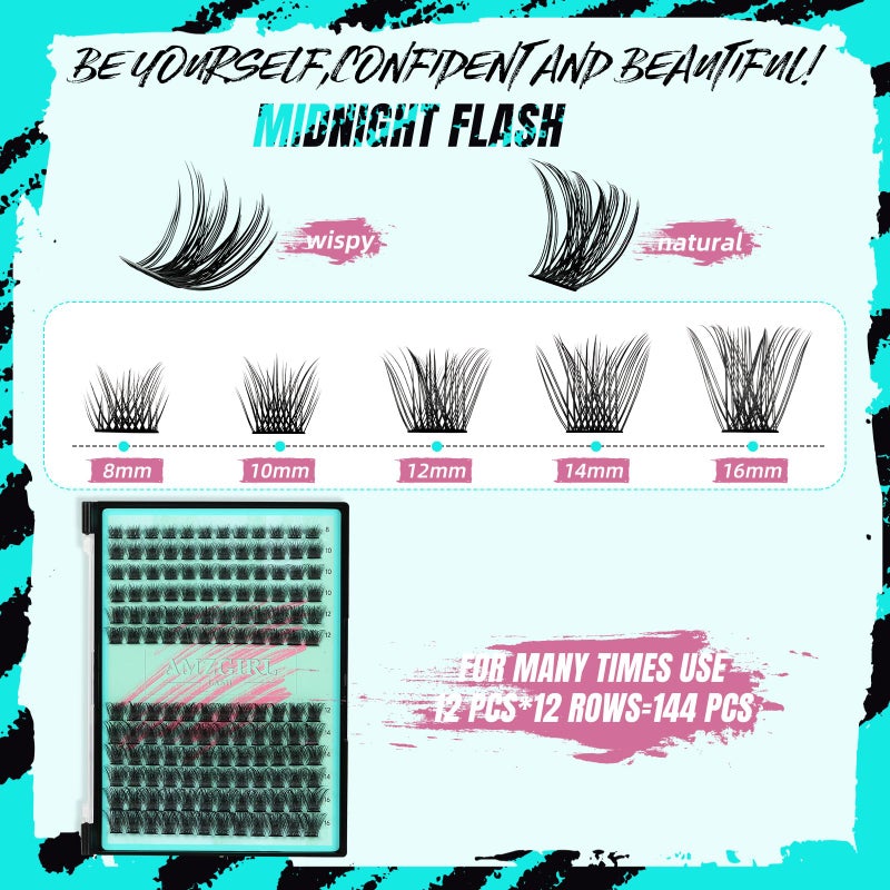 AMZGIRL LASH Midnight DIY Lash Extension Kit, 144 pcs Eyelash Clusters Kit Lash Bond and Seal, Lash Glue Remover and Applicator for Individual False Eyelashes Kit Lash Extensions(D-Mix 8-16mm Kit) - Image 3