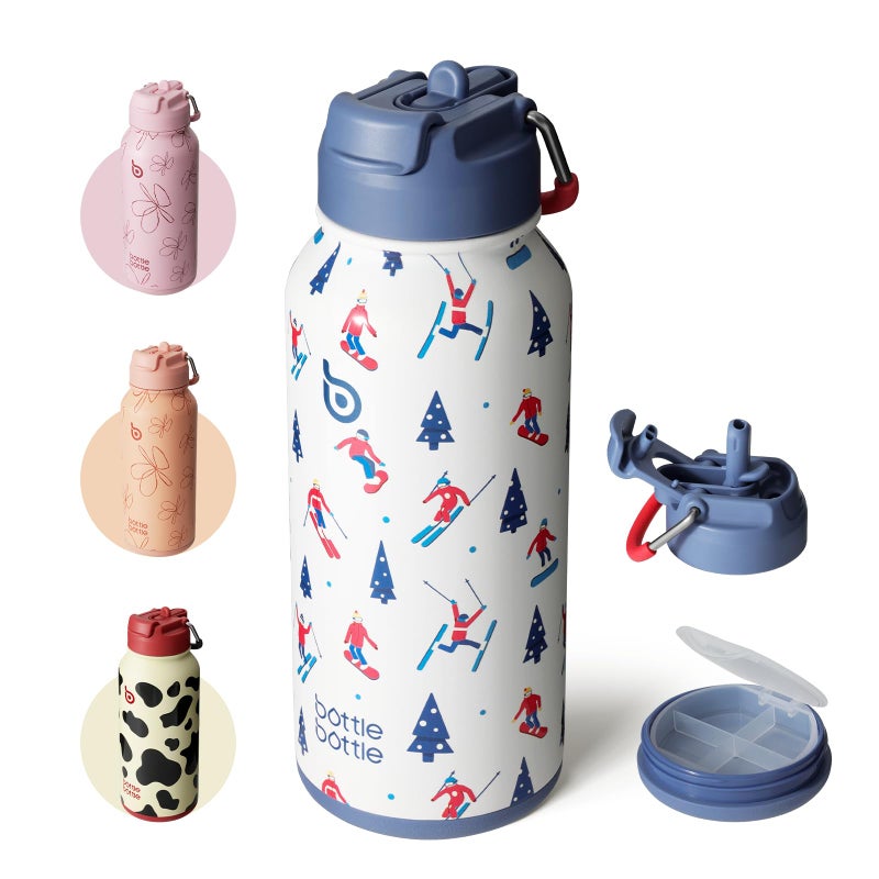 BOTTLE BOTTLE 32 oz Insulated Water Bottle Stainless Steel Sport Water Bottle with Straw Dual-use Lid Design for Gym with Pill Box (Skiing) - Image 1