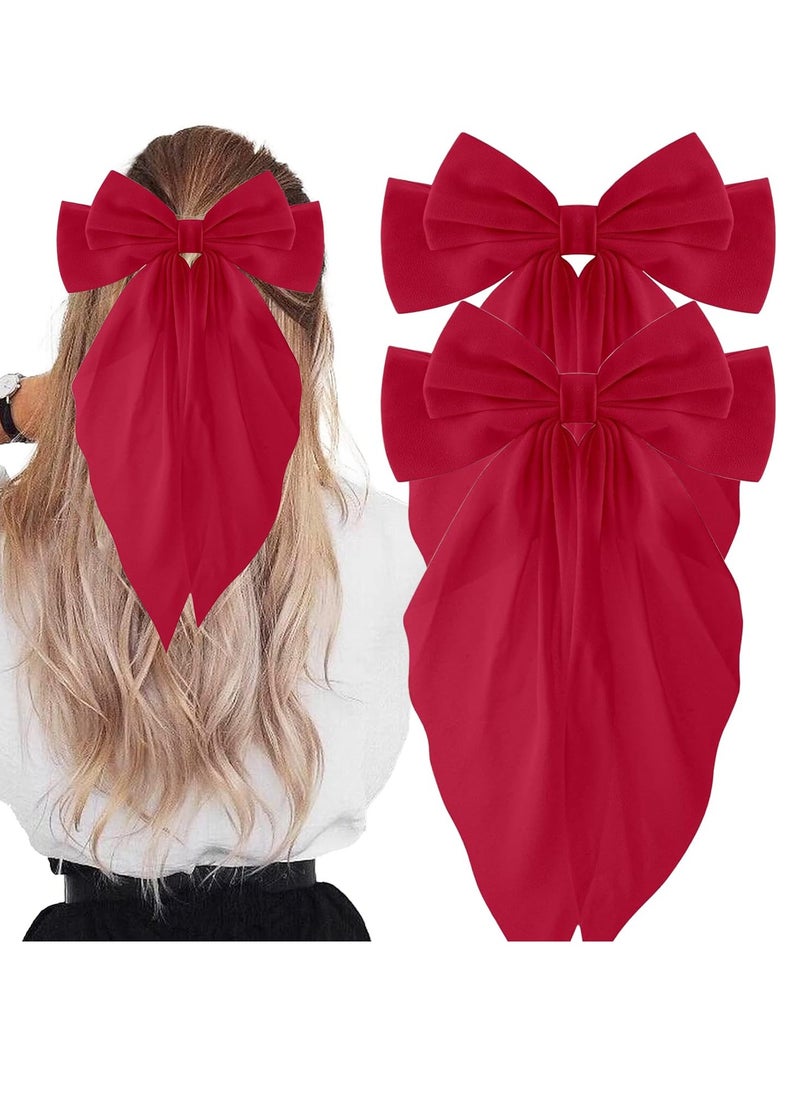 LL 2PCS Silky Satin Big Hair Bows Barrettes, Hair Ribbons Oversized Long Tail Large Hair Bow Hair Clips, Ponytail Holder Accessories Bowknot Hair Clips Hair Accessories for Women Girls (Red)  - Image 2