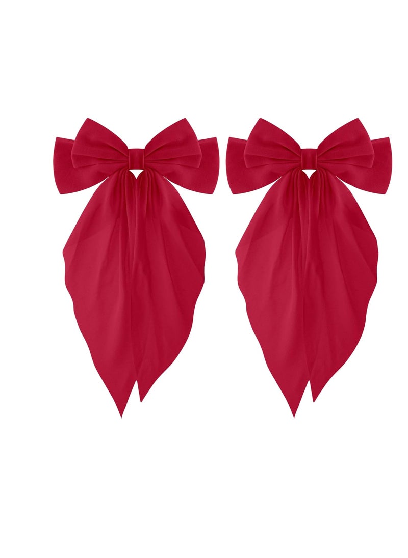 LL 2PCS Silky Satin Big Hair Bows Barrettes, Hair Ribbons Oversized Long Tail Large Hair Bow Hair Clips, Ponytail Holder Accessories Bowknot Hair Clips Hair Accessories for Women Girls (Red)  - Image 1