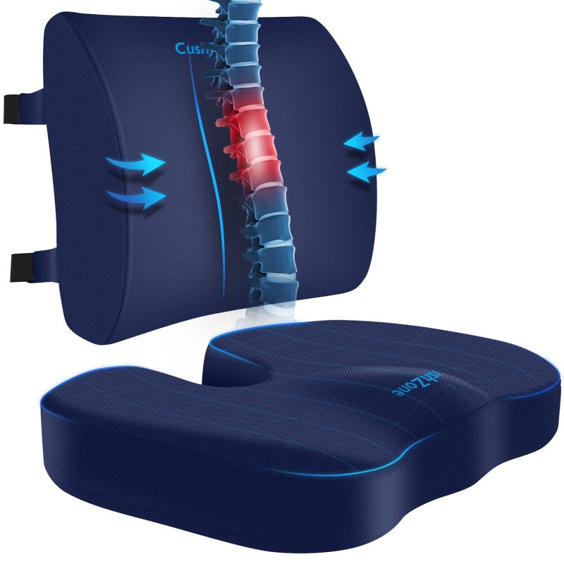 CushZone Seat Cushion Lumbar Support Pillow with Adjustable StrapChair Cushions for Sciatica Pain Reliefwith Washable Cover Memory Foam for Car Travel and WheelchairBlue