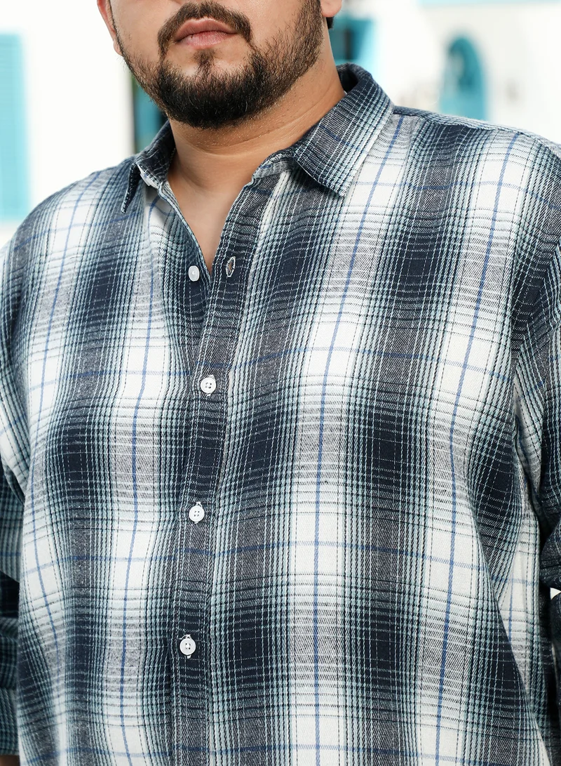 Instafab Plus Instafab Plus Men's Navy Blue & Ivory White Ombre Buffalo Check Shirt For Casual Wear | Spread Collar | Long Sleeves | Button Closure | Plus Size Shirt Crafted With Comfort Fit For Everyday Wear
