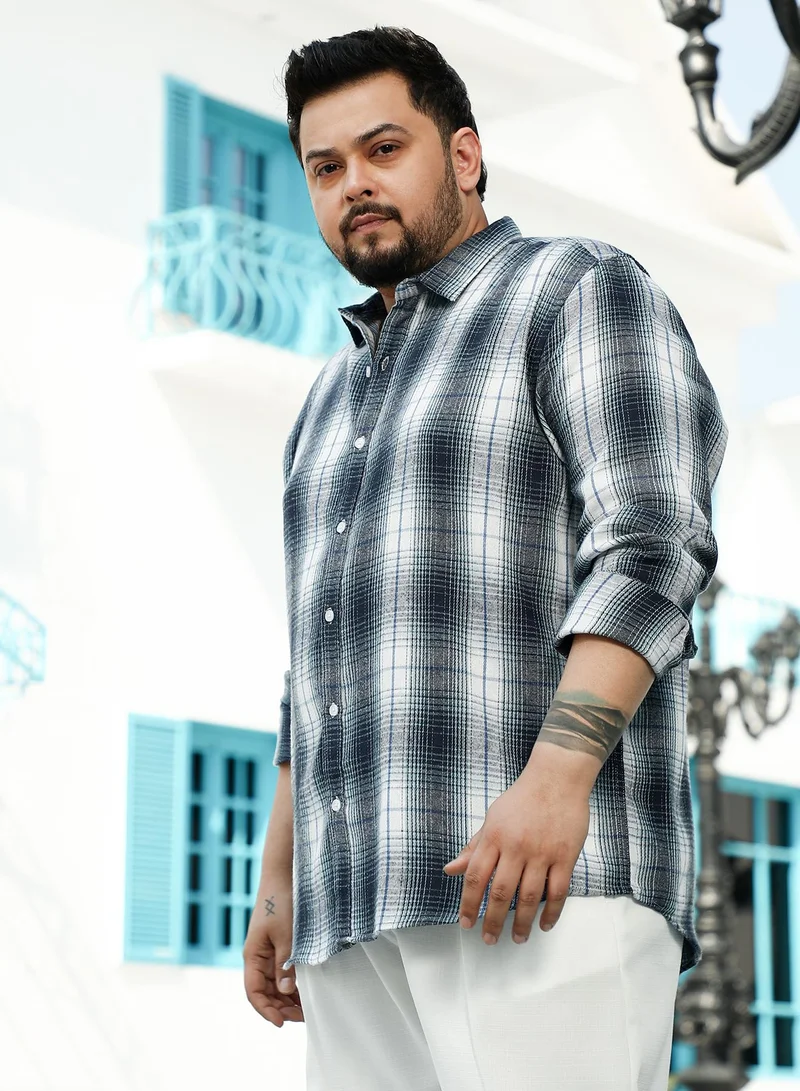 Instafab Plus Instafab Plus Men's Navy Blue & Ivory White Ombre Buffalo Check Shirt For Casual Wear | Spread Collar | Long Sleeves | Button Closure | Plus Size Shirt Crafted With Comfort Fit For Everyday Wear