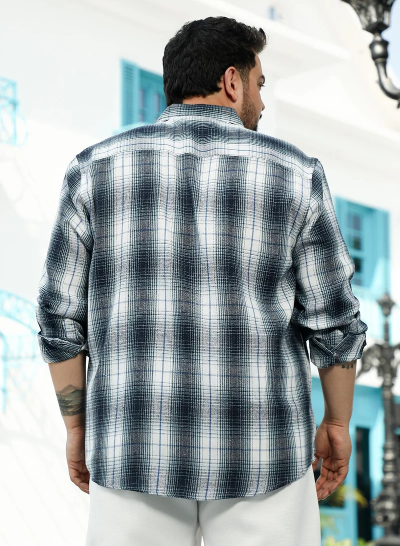 Instafab Plus Instafab Plus Men's Navy Blue & Ivory White Ombre Buffalo Check Shirt For Casual Wear | Spread Collar | Long Sleeves | Button Closure | Plus Size Shirt Crafted With Comfort Fit For Everyday Wear