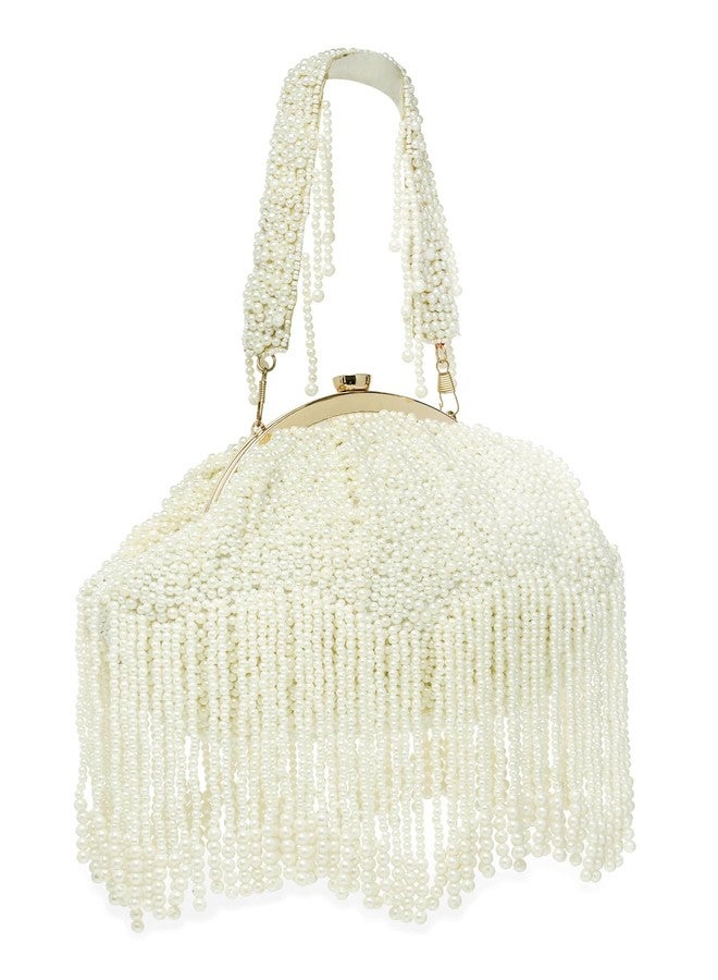 Anekaant Droop Pearl White Embellished Faux Silk Clutch - Image 5