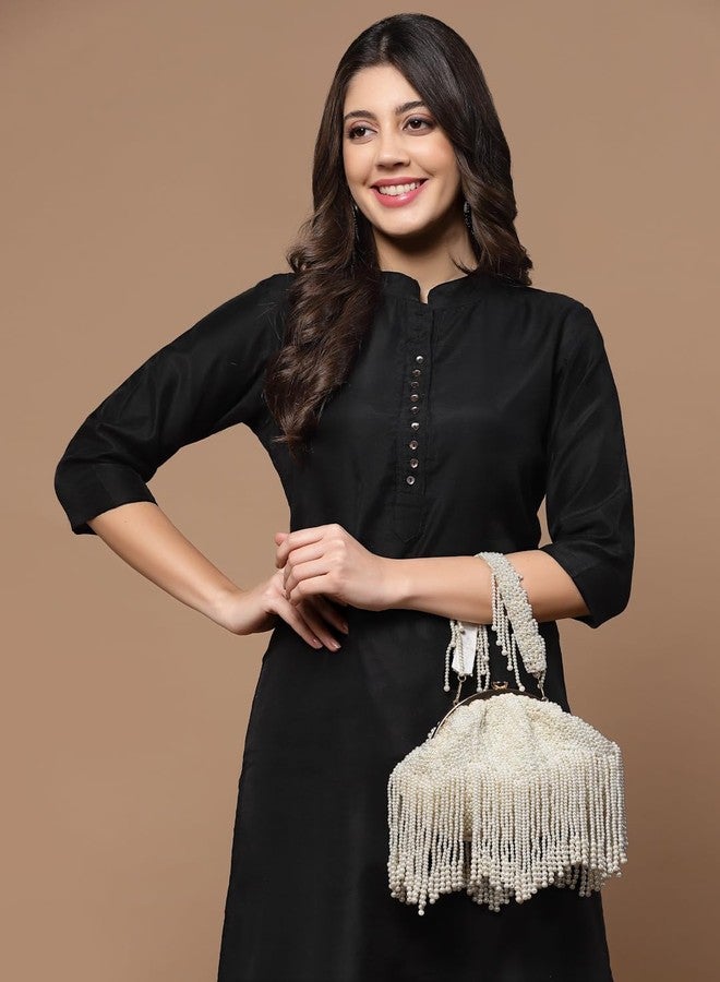 Anekaant Droop Pearl White Embellished Faux Silk Clutch - Image 3