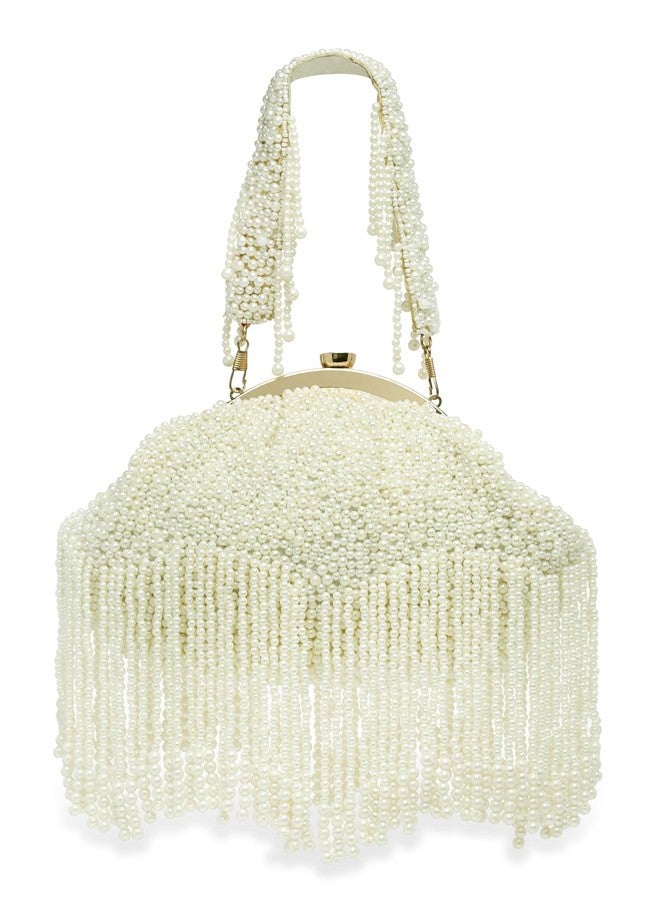 Anekaant Droop Pearl White Embellished Faux Silk Clutch - Image 1