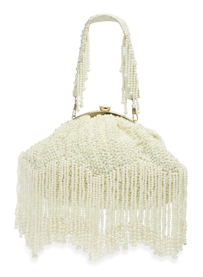 Anekaant Droop Pearl White Embellished Faux Silk Clutch - Image 4