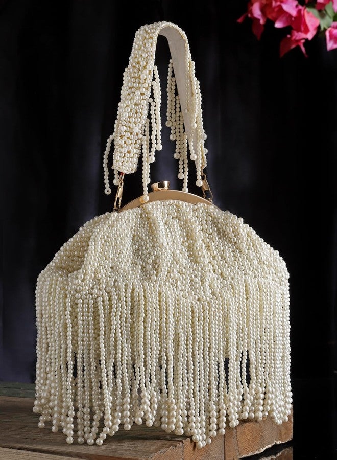Anekaant Droop Pearl White Embellished Faux Silk Clutch - Image 2