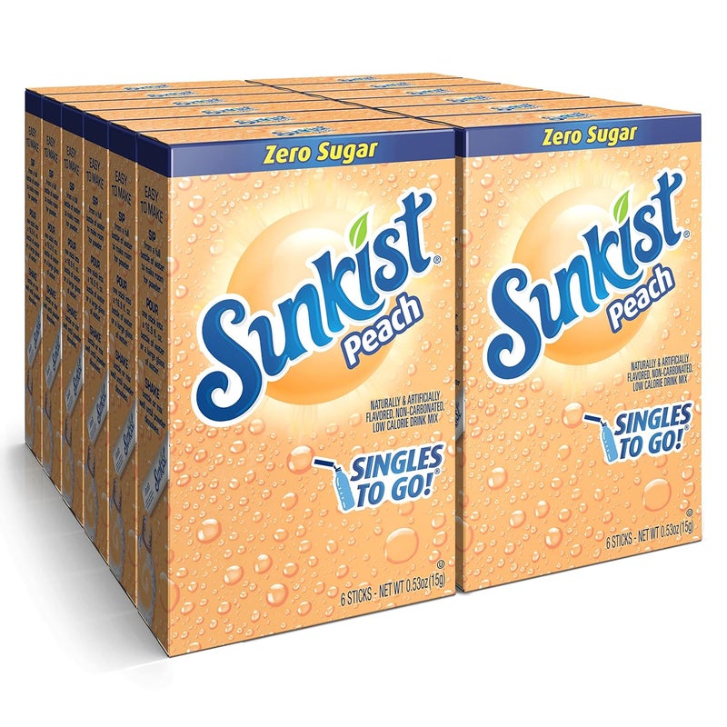 Sunkist Peach Singles To Go! Sugar-Free Drink Mix - 12 Boxes with 6 Packets Each, Total 72 Count - Image 1